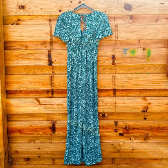 Blue Rain Boho Green Jumpsuit White Floral Print, Flutter Sleeves, XS, EUC - Picture 2 of 15